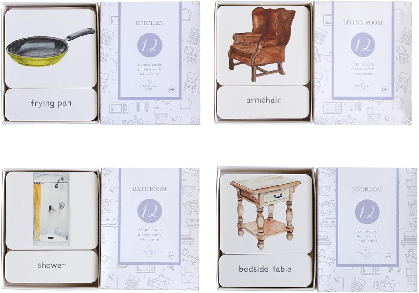 Montessori 3-Part Classified Cards Indoor Environment Home Life Bundle (Kitchen, Bedroom, Living Room, Bathroom) Watercolor Control, Picture, and Label Cards with Protective Lamination – for Ages 3+