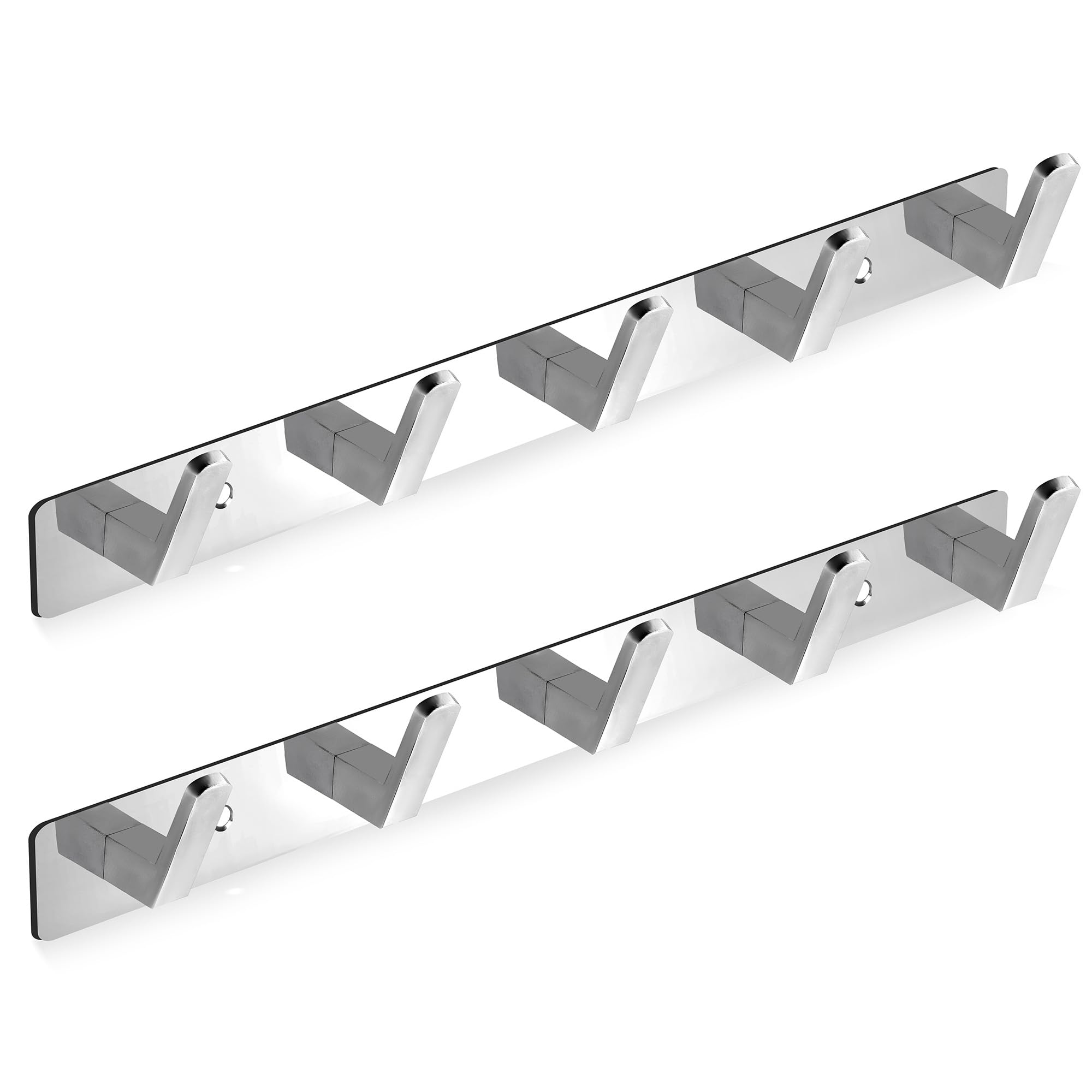 Maxzwell Chrome Wall Mounted Hook Rail with 5 Stainless Steel Hooks, Pack of 2 | Heavy Duty Rust Resistant Coat & Towel Hooks for Bathroom, Kitchen, Hallway & Bedroom