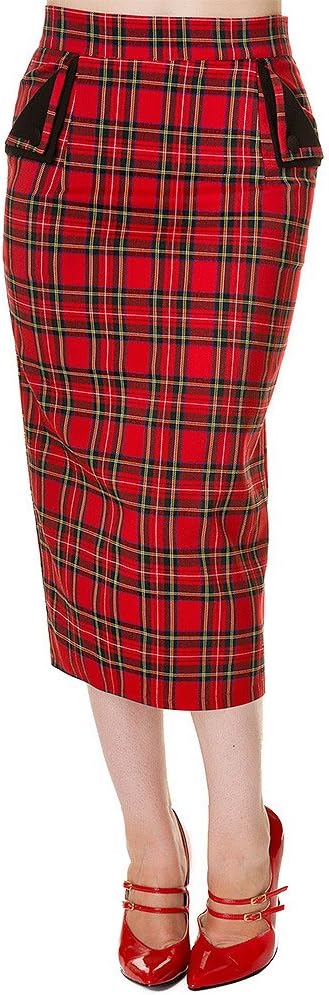 Banned 50's Vintage Style Tartan Pencil Wiggle Skirt Red - UK 8 (XS)