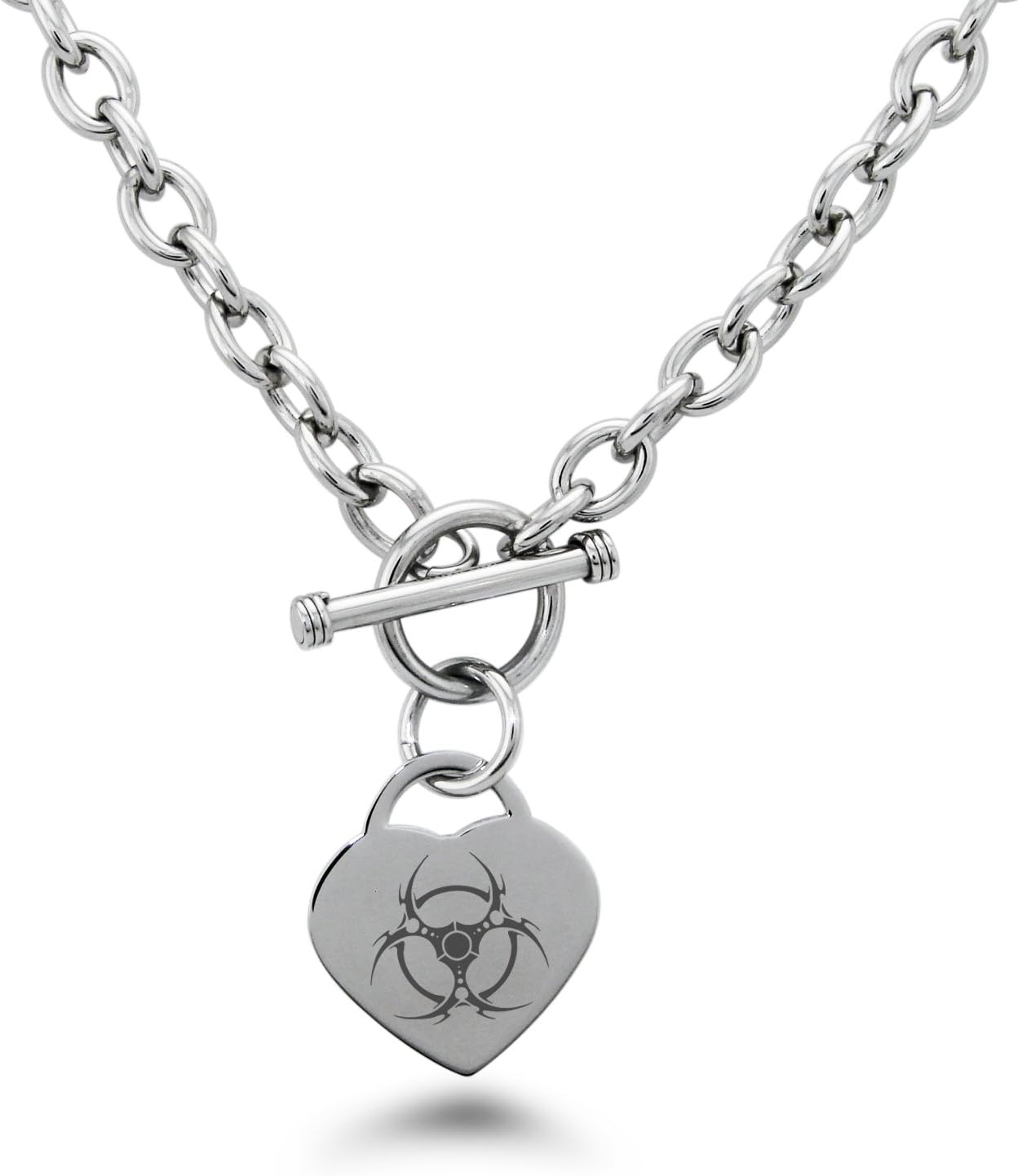 Stainless Steel Tribal Barbed Wire Biohazard Symbols Heart Charm, Necklace Only
