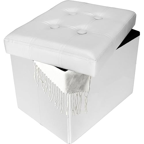 Bsketa Folding Storage Ottoman, Foot Stool with Thicker Foam Padded Seat Small Leather Storage Ottoman Bench Foot Rest for Living Room Foldable Coffee Table 17x13x13in,White