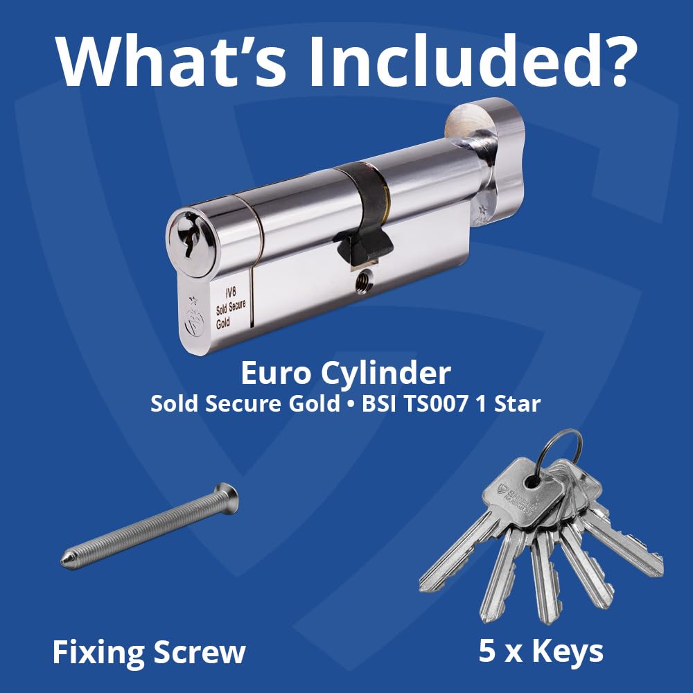 Euro Cylinder Door Lock Thumb Turn Chrome - BSI TS007 Sold Secure Gold Anti-Snap - Includes 5 Keys 45T/55 - Image 4