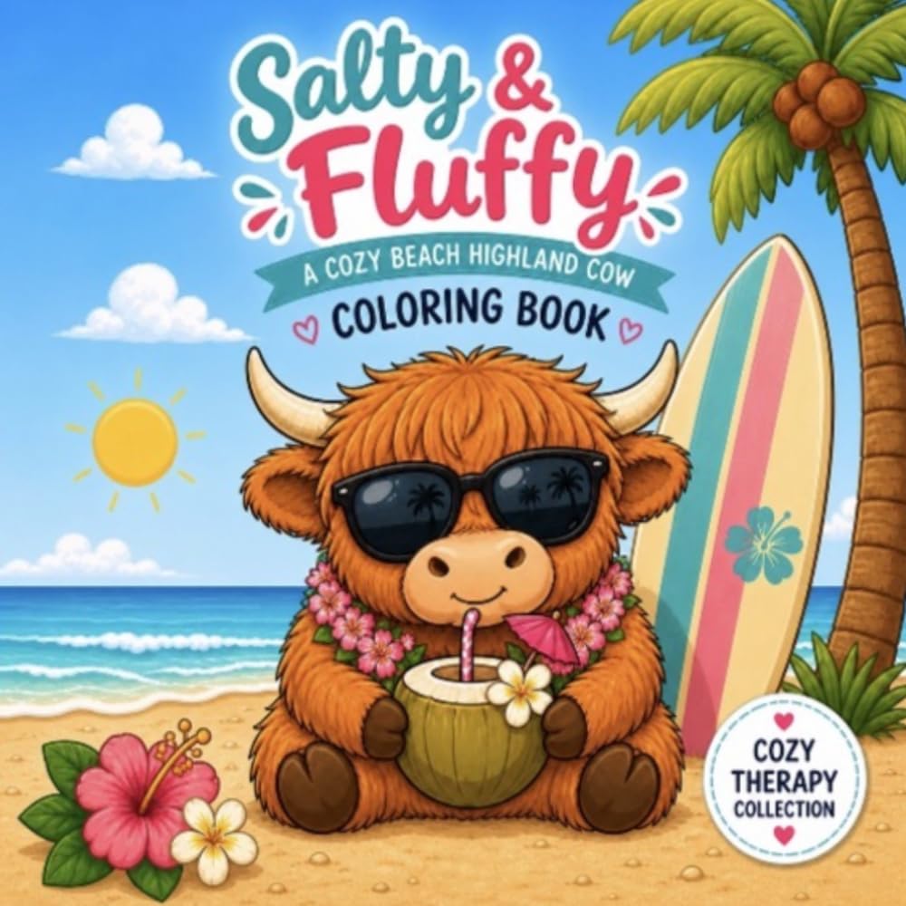 Salty & Fluffy: A cozy beach highland cow coloring book (Cozy Therapy Collection)