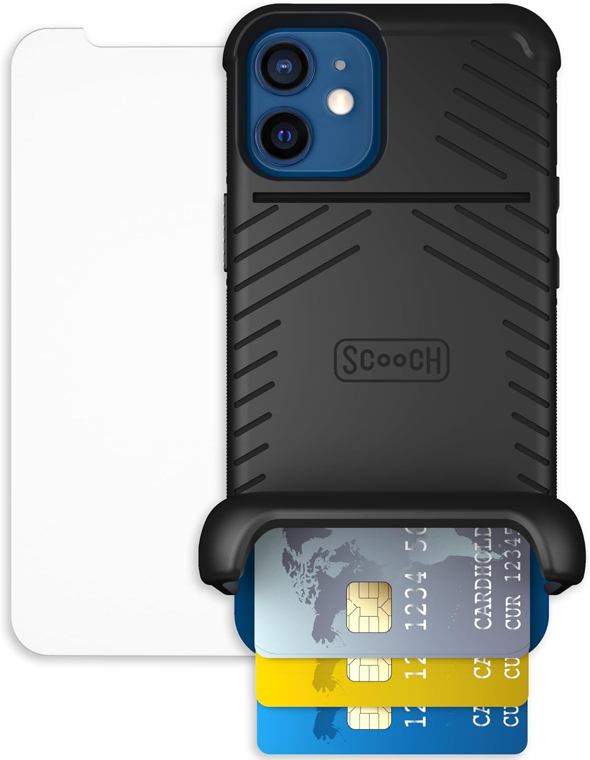 Scooch for iPhone 12 Mini Case with Card Holder, Wingmate Wallet Case Black, Bundled with Tempered Glass Screen Protector