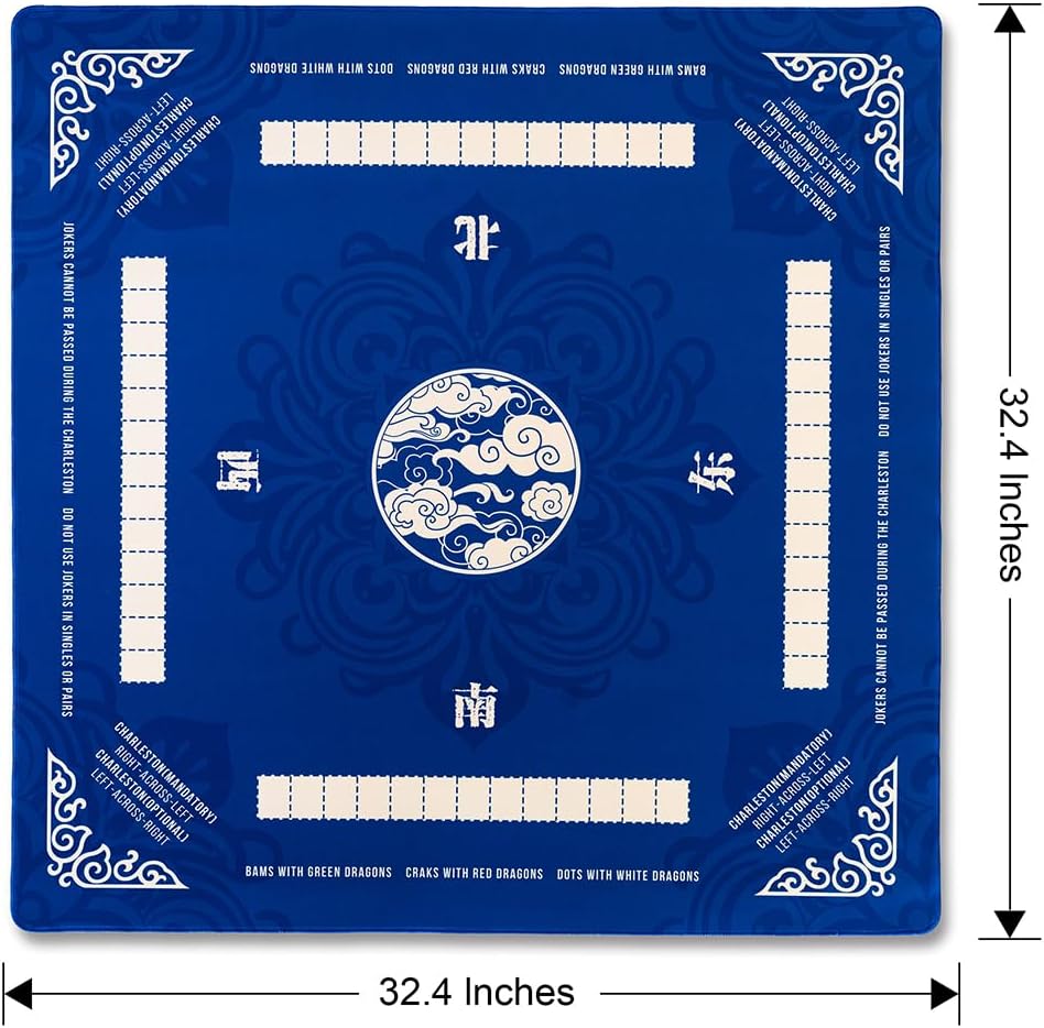 Mahjong Mat for Table with Printed American Rules & Carry Bag, 32.4x32.4 Inch Non-Slip Silent Tabletop Gaming Mat for American Mahjong & Tile Games (Blue)