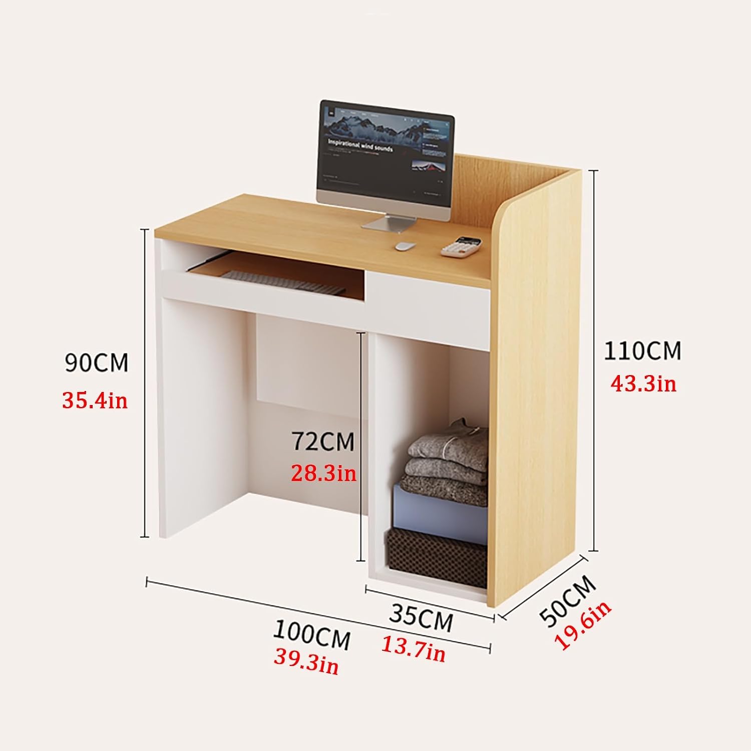 Reception Desk Front Desk, Modern Reception Checkout Counter, Retail Counter Table with Drawer and Open Storage, for Shop, Reception Room, Clothing Store(Natural,100CM/39.3in)