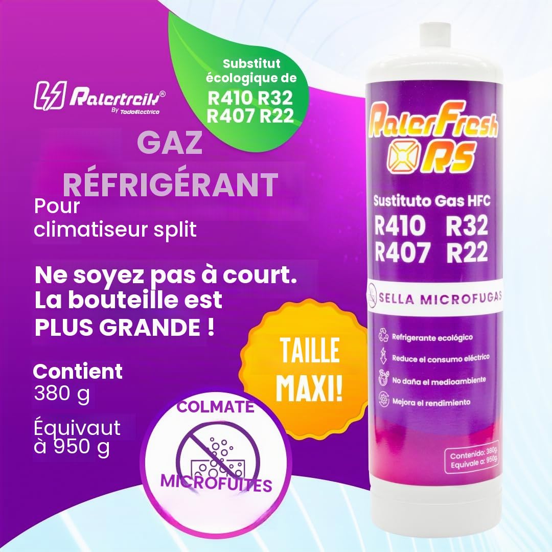Gaz réfrigérant organique pour climatisation type Split Ralerfresh RS équivalent à 950 g, remplacement des gaz R410, R32, R407 et R22 (Bouteille + clé)