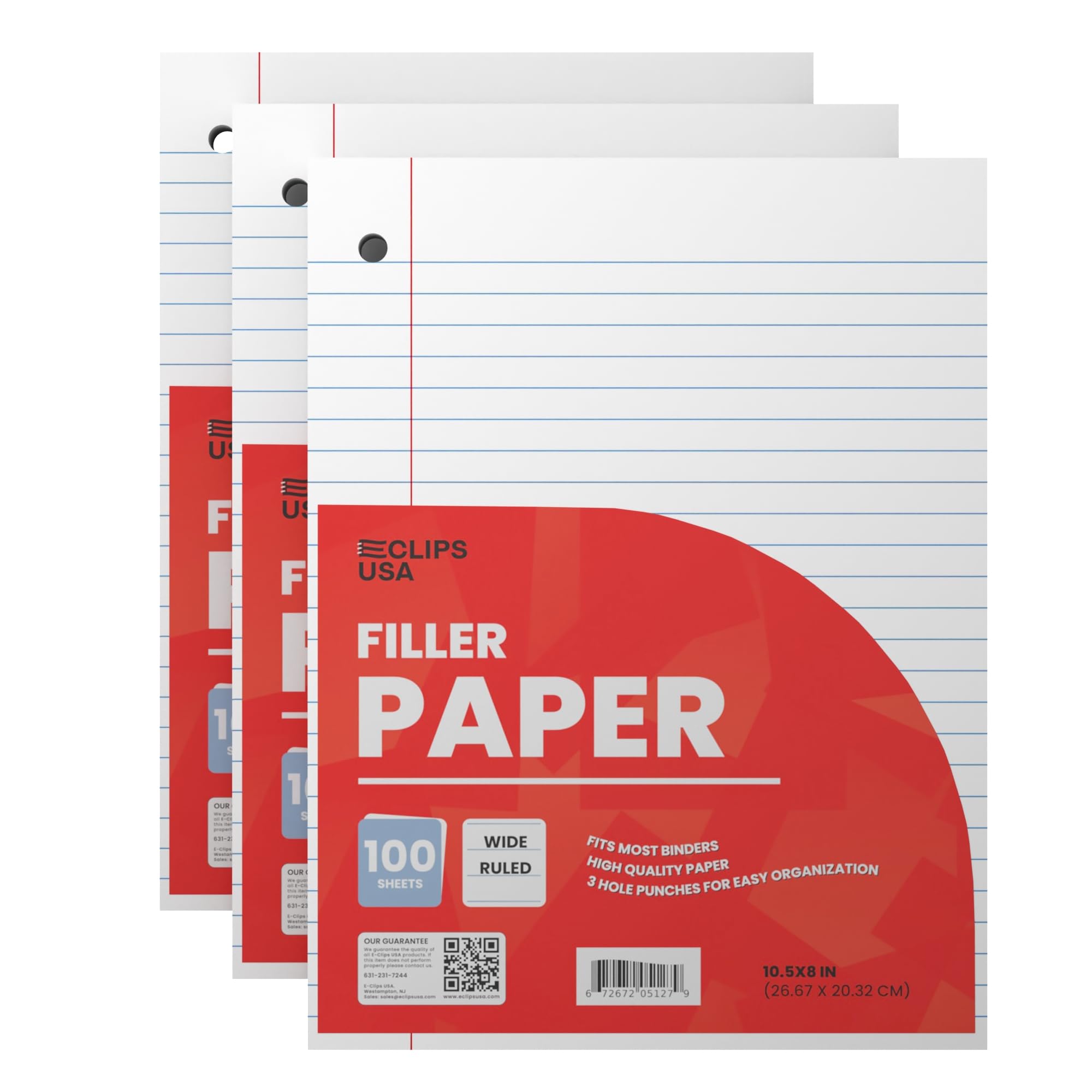 Wide Ruled Loose Leaf Paper Wide Ruled Notebook Paper Lined Writing Filler Paper 10.5” x 8” 56 gsm 300 Sheets 100 Sheet Per Pack (3 Pack)