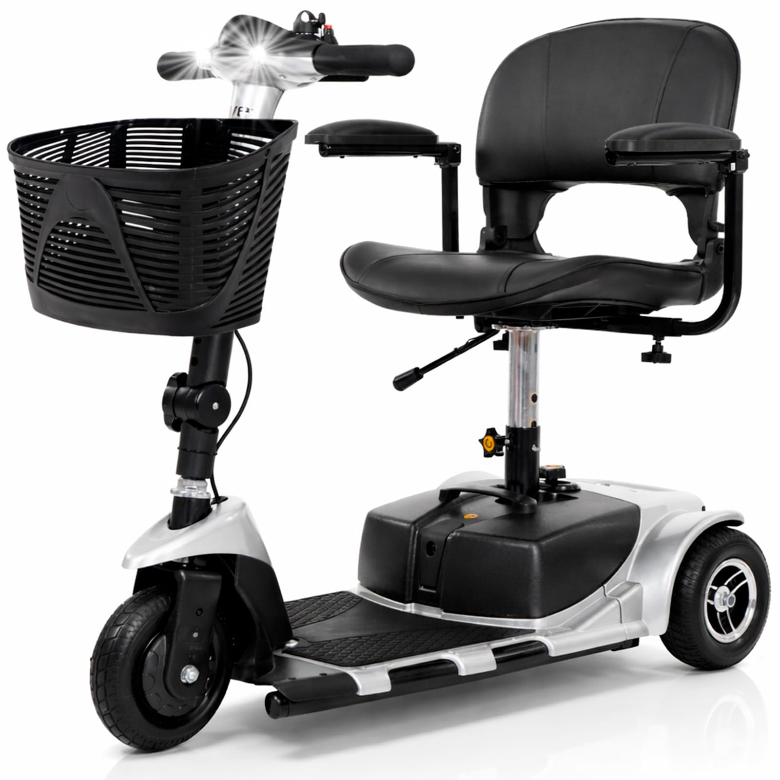 Vive 3 Wheel Mobility Scooter - Electric Powered Mobile Wheelchair Device for Adults - Folding, Collapsible and Compact for Travel - Long Range Power Extended Battery with Charger and Basket Included Silver Platinum