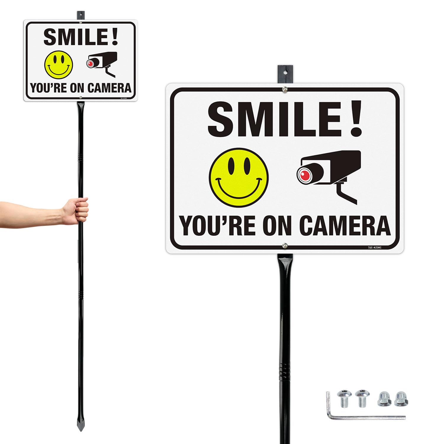T&R Letrero de videovigilancia grande con estaca de 137 cm, 35,5 x 25,4 cm, aluminio libre de óxido .040, reflectante, impermeable y resistente a la decoloración, 2 agujeros preperforados, incluye