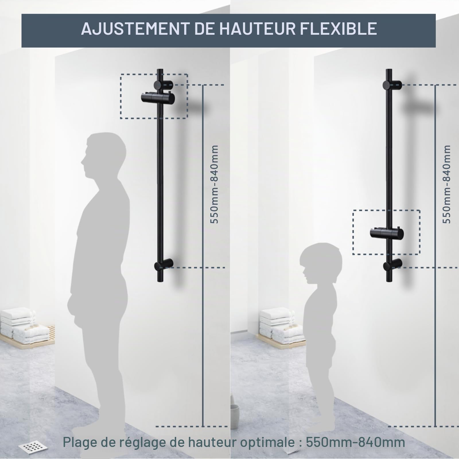 Barre de Douche 90cm en Acier Inoxydable, Support de Pommeau Réglable à 360°, Fixations Murales Variables pour S'adapter aux Trous Existants, Noir