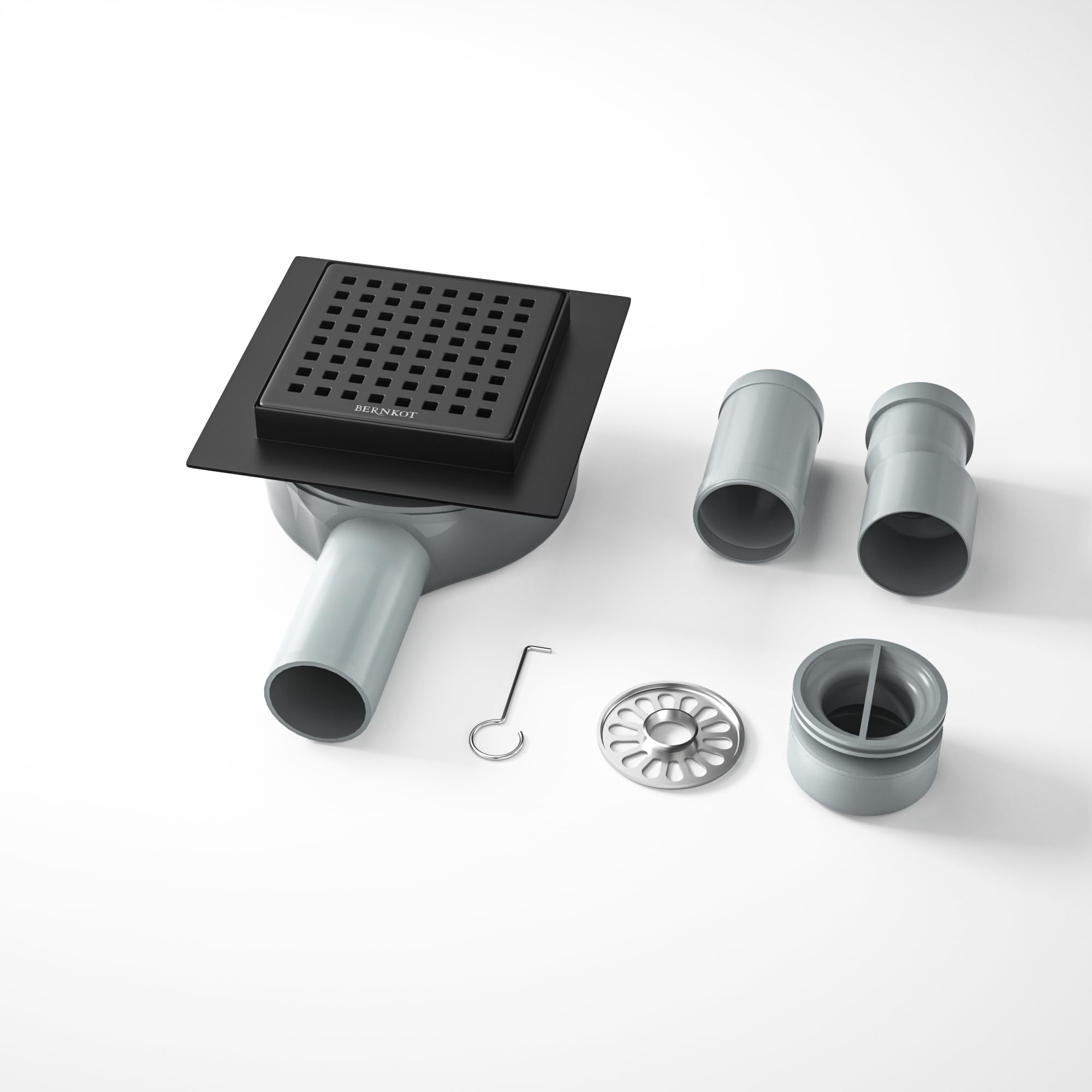 Caniveau de douche carré en acier inoxydable, 10 x 10 cm, avec siphon à 360° et filtre à cheveux, 2 adaptateurs de vidange DN50 DN40, caniveau d'écoulement plat, noir