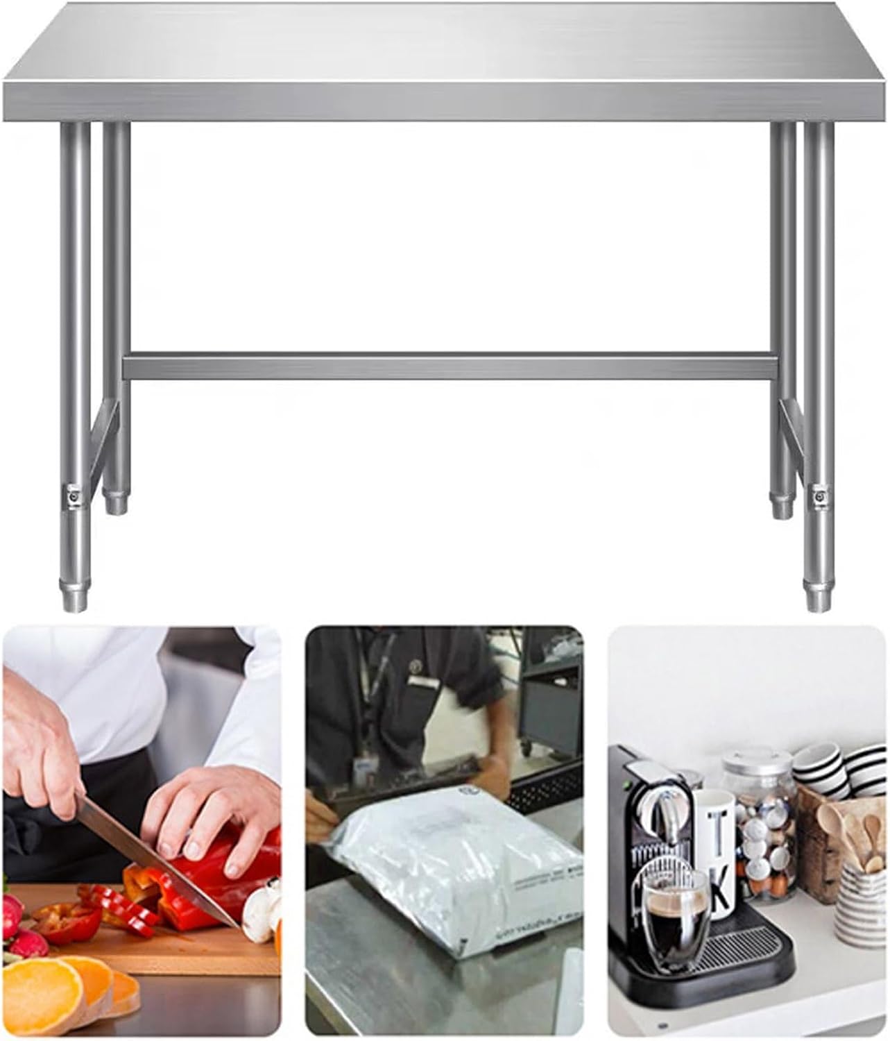 Stainless Steel Work Table Single Tier Work Table Thicker Adjustable Feet Chopping Table Packing Table Kitchen Cooker Rack Multifunctional Open Storage Shelf Easy to Install(120x50x80cm/47.2x19.7x31.5