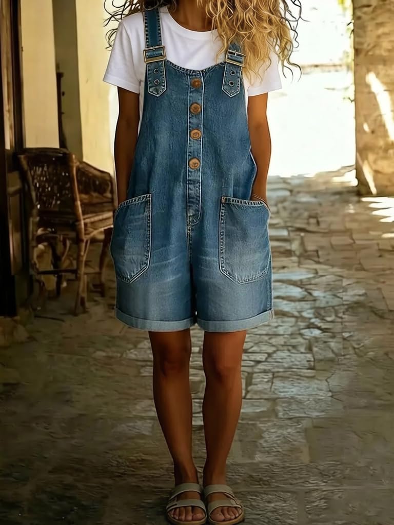 chouyatou Women's Y2K Denim Shortalls Button Front Wide Leg Loose Bib Jean Overalls Shorts Romper Jumpsuits