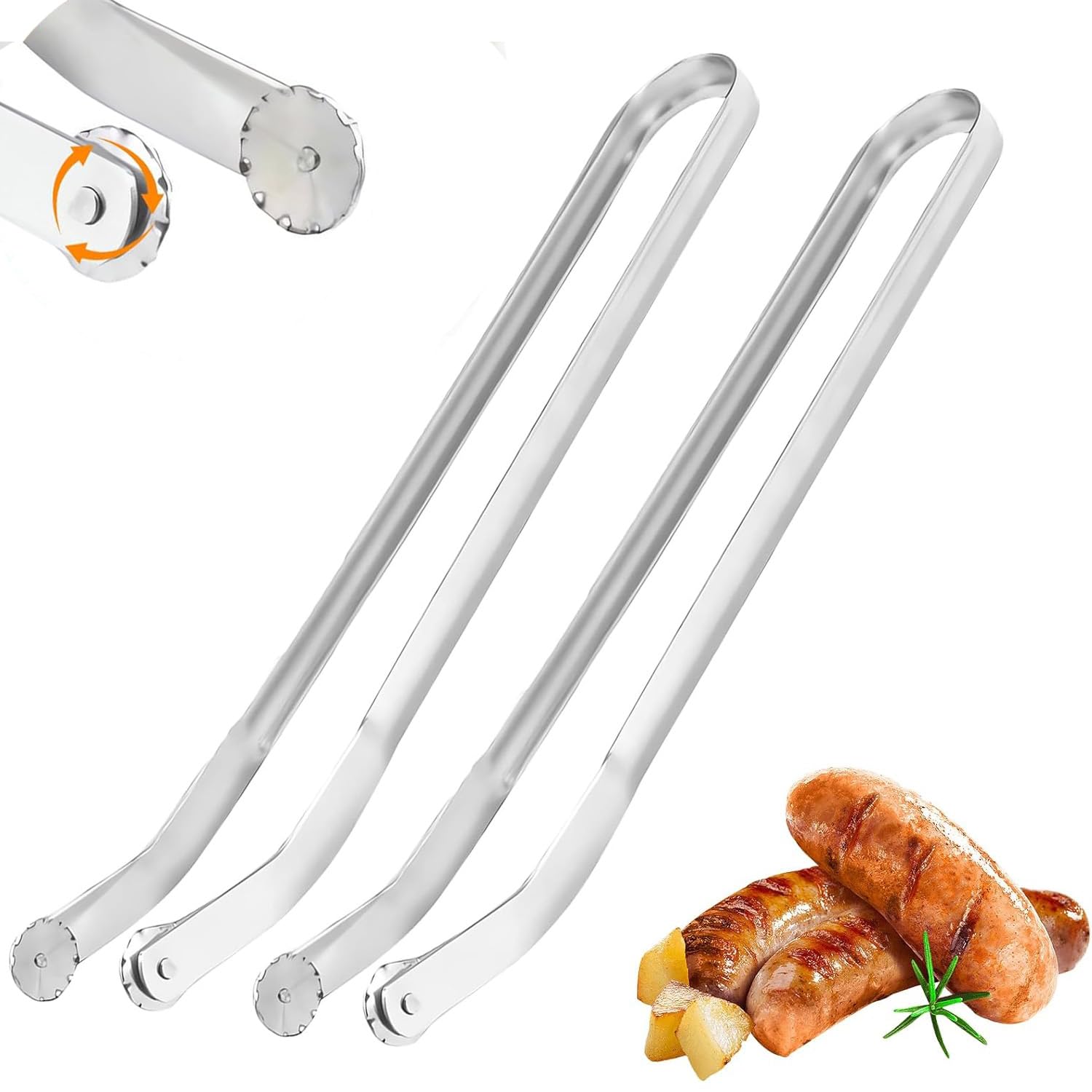 BBQ Sausage Turning Tongs for Cooking,BBQ Sausage Grill Tongs, BBQ Sausage Stuffer Tongs, Stainless Steel Metal BBQ Kitchen Tongs,Long Handle Kitchen Tongs, Multipurpose Grill Tongs for Outdoor (2PCS)