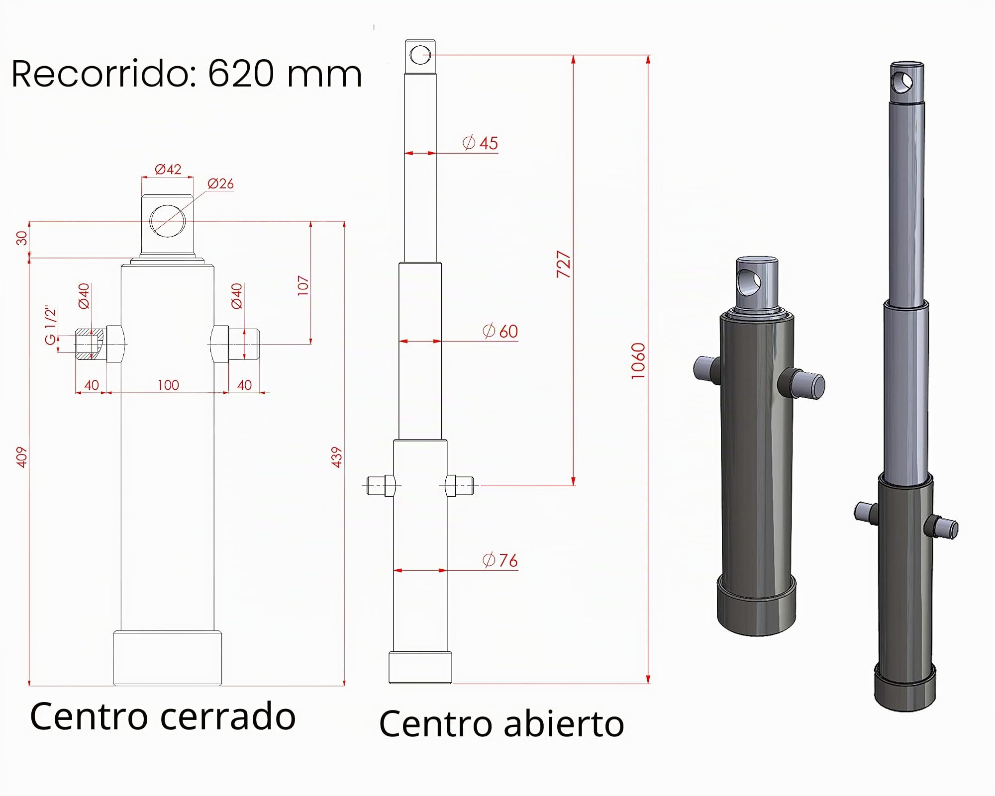 Cilindro Telescópico Hidráulico - Carrera 500, 620 y 820 mm - 5,8 T (Diferentes variantes)
