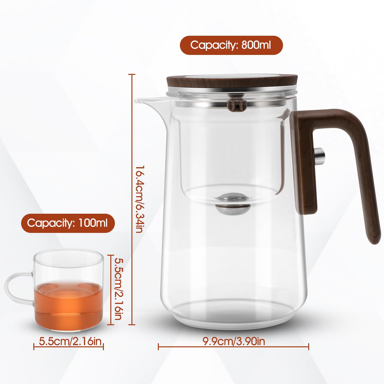 Set di Teiera Magica in Vetro Con Tazze da Tè, Divisore Con Riempimento dell'Acqua e Colino, Pressato per il Benessere e il Tè Pomeridiano (800 ml)