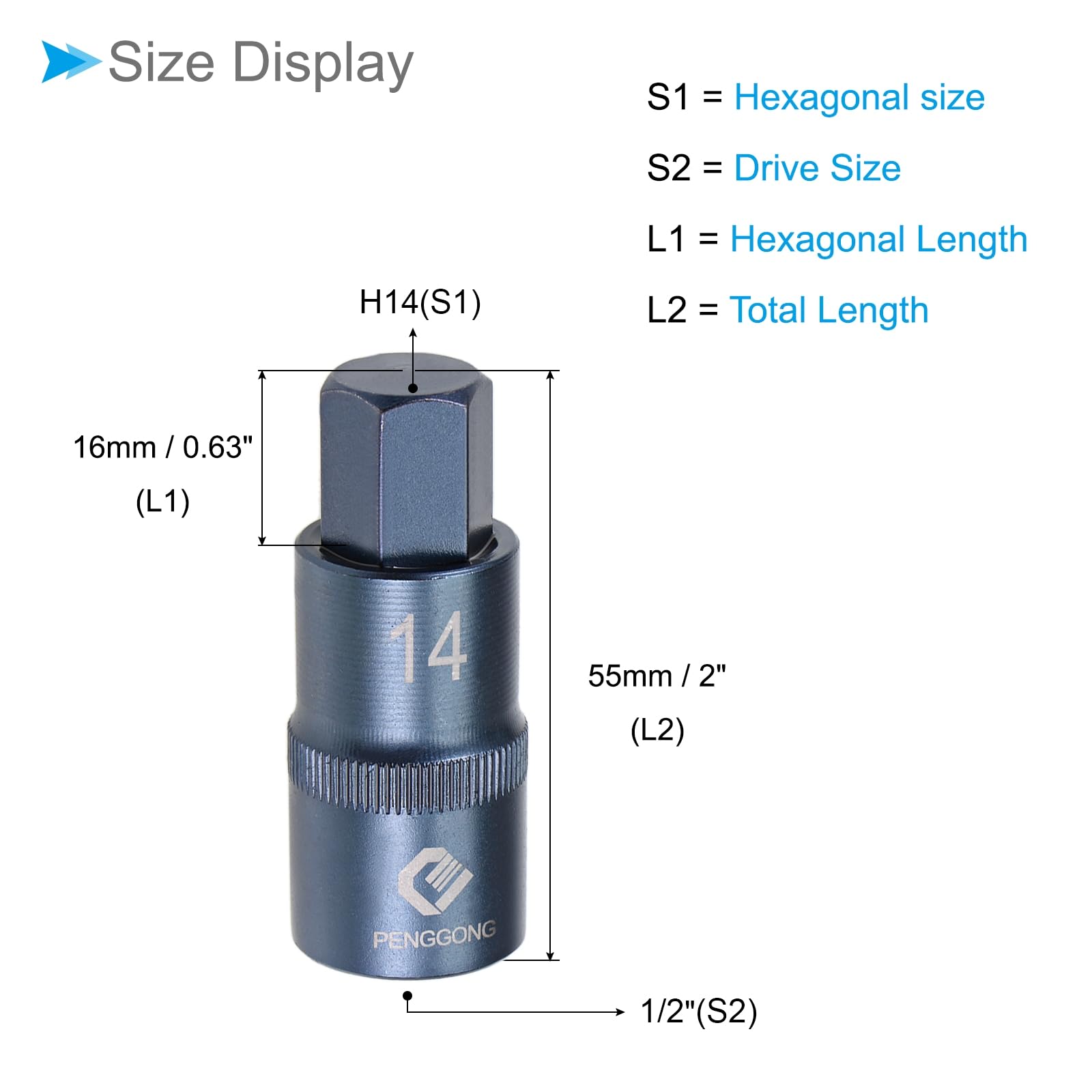 CoCud Hex Bit Socket, H14 Bit 1/2" Drive 2" Length, Star S2 Alloy Steel Cr-V Socket Blue - (Applications: for Fastener Application) - Image 2