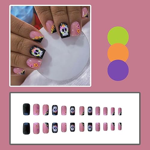 Miniatura 2 de Uñas postizas cortas cuadradas de Halloween, uñas postizas cortas con pegamento rosa, uñas postizas cortas con diseños de calavera negra, uñas