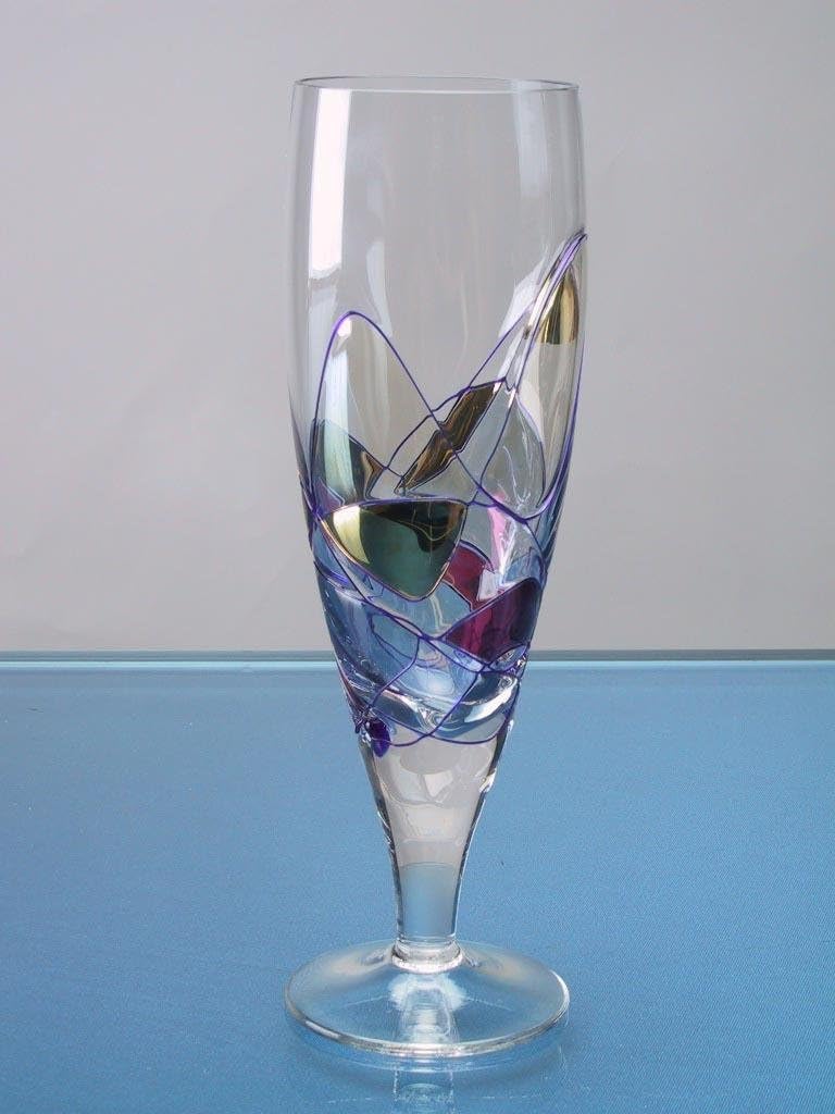 Set Of Four (4) - Romanian Crystal Barware - Cobalt Blue Swirl/Stained Glass Pattern - Milano Design - 10 Oz Beer Pilsner Glassware