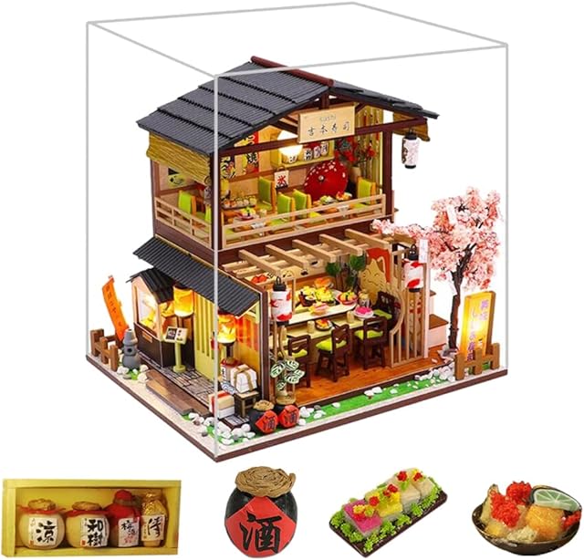 erhumama DIY Japanese Dollhouse With Dust Cover Furniture LED Light Kits Miniature Sushi Shop Wooden Handmade Building Model Puzzle Toy Children Birthday Gift