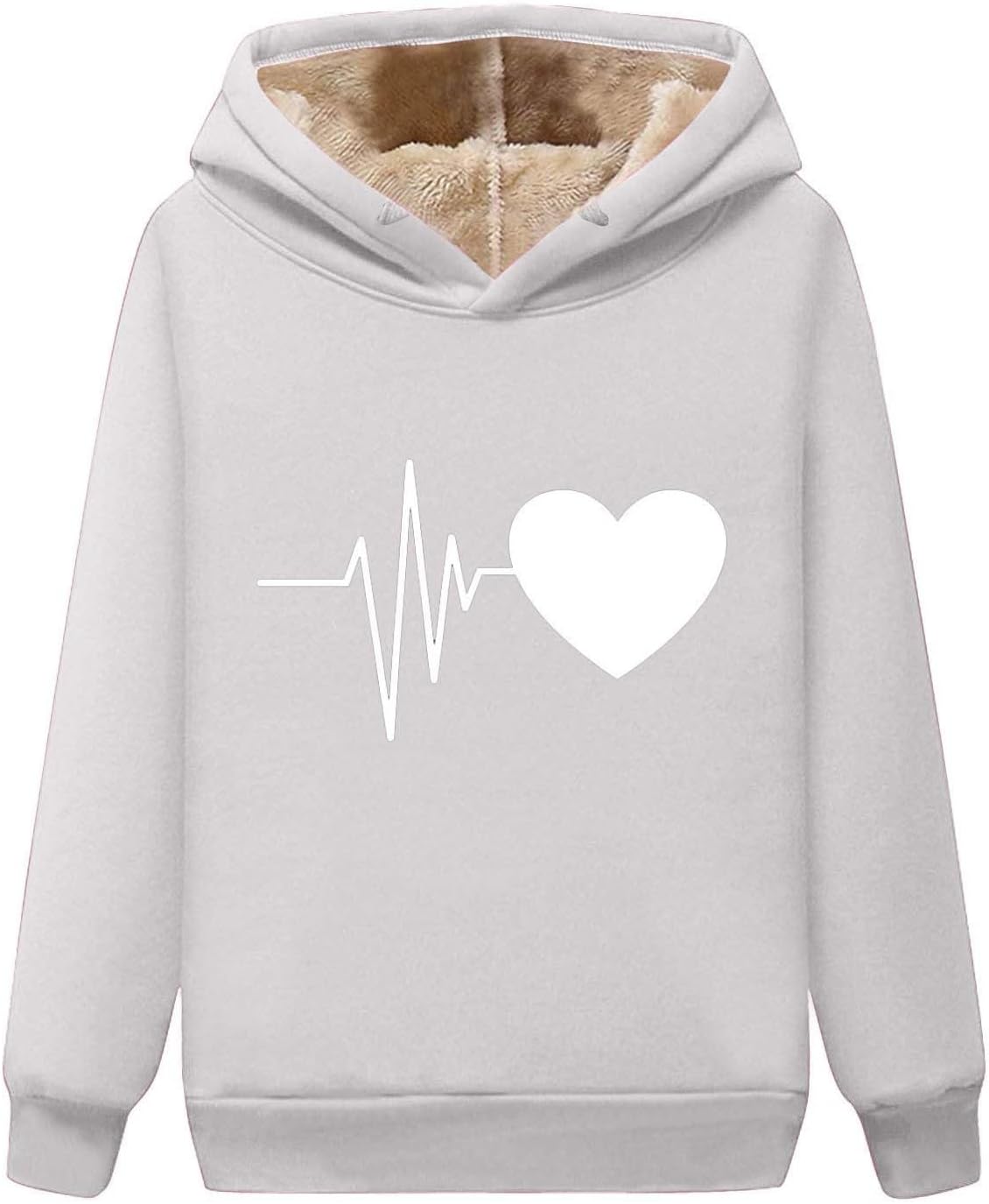 Womens Winter Warm Hoodies Winter Sherpa Lined Pullover Tops Cute Heart Print Long Sleeve Fleece Hooded Sweatshirt