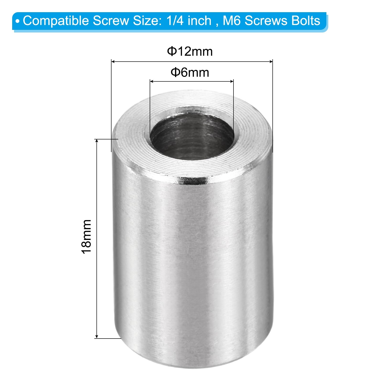 PATIKIL M6 Stainless Steel Spacers, 12Pcs Metal Spacer 6mm ID x 12mm OD x 18mm L Screw Standoff for 1/4" or M6 Screw - Image 2