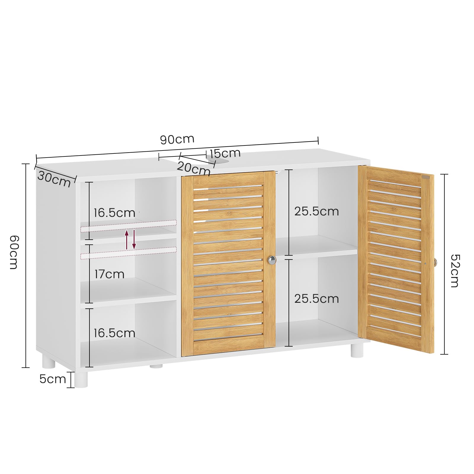 Armadio per lavabo, mobiletto da bagno con 2 ante in bambù, 3 scomparti aperti, ripiani regolabili in altezza, mobiletto per lavabo, extra lungo 30 x 90 x 60 cm