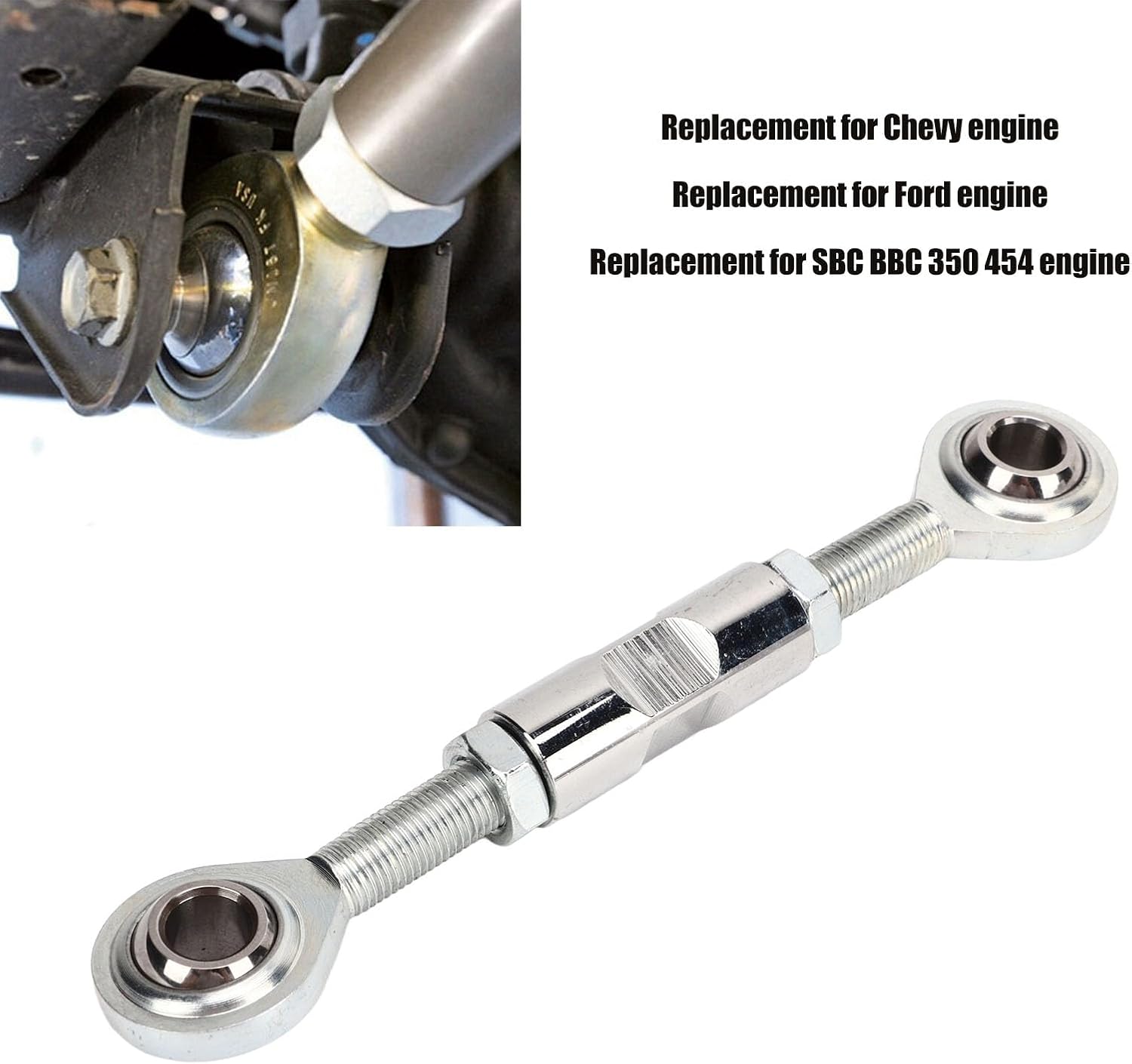 Aramox Adjustable Tensioning Rod Heim Joint Rugged Stable High Hardness Alternator Bracket Joint Tensioning Rod Silver Replacement for SBC 350 454 Engine