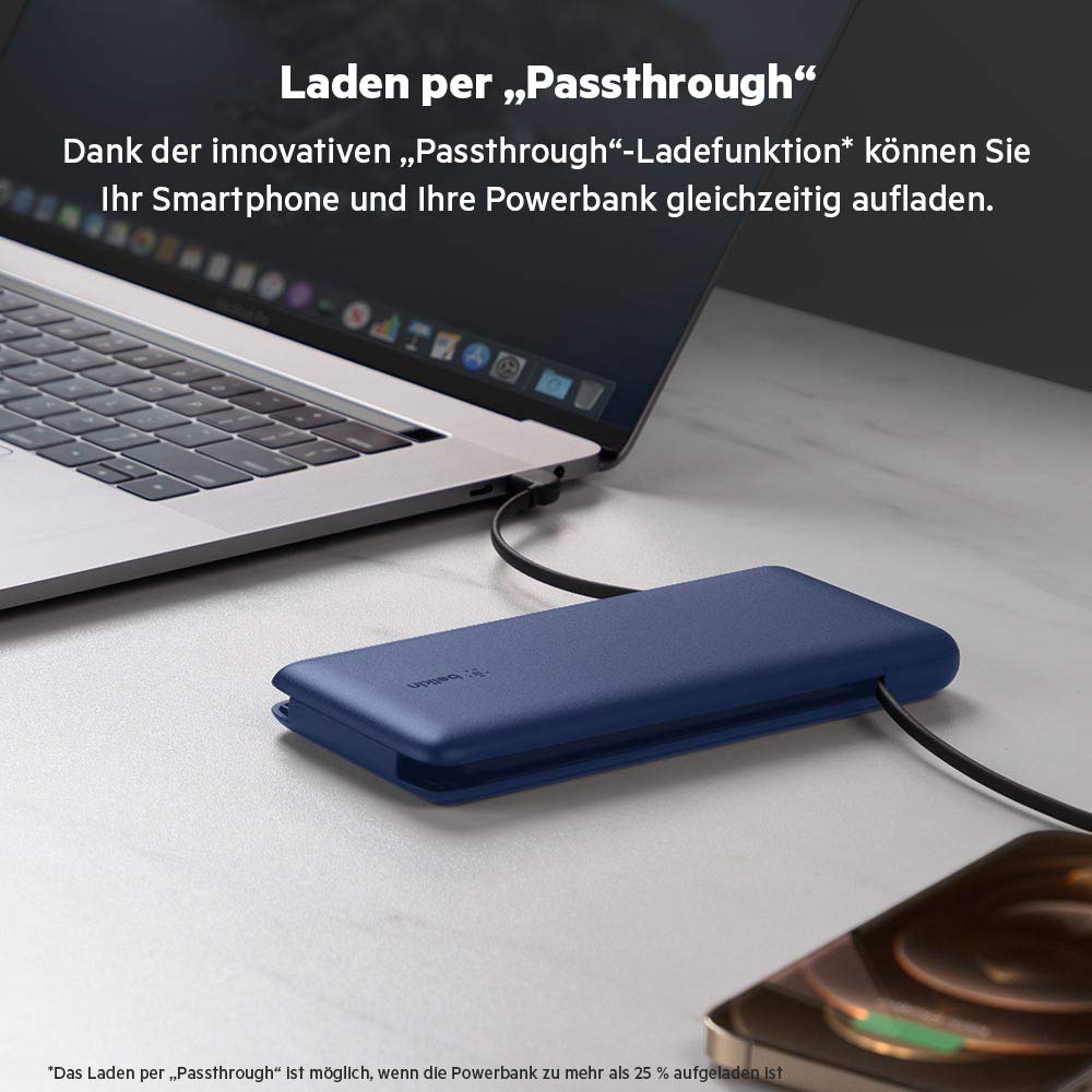 Belkin BOOSTCHARGE Plus 10K tragbares Ladegerät und Powerbank (10.000 mAh mit integriertem Lightning- (MFI) und USB-C-Kabel und zusätzlichem USB-C-Ladeanschluss) – Blau