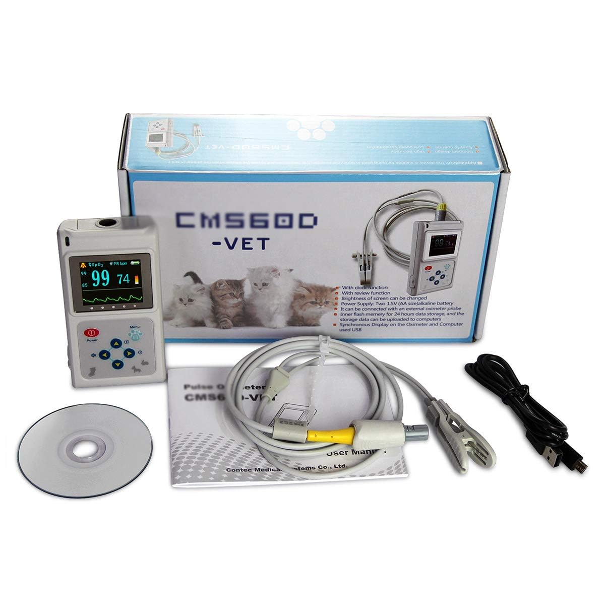 TYH Veterinär-Pulsoximeter, Pulsfrequenzmonitor Ohr, Mit Sonde Und USB-Kabel, Tragbares Veterinär-Pulsoximeter Vet Spo2 Pulsfrequenzmonitor Ohr/Zunge, Für Katzen Und Hunde, Familien- Und Tierkliniken