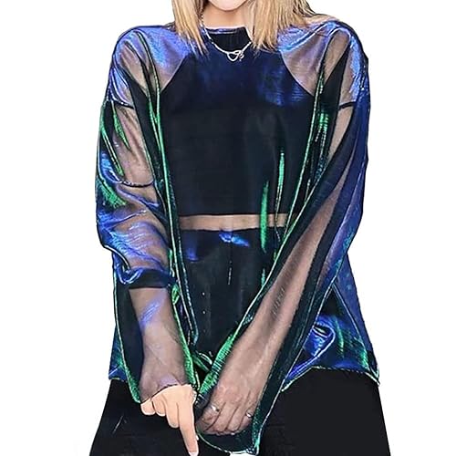 Women See-Thru Sparkly Cover Up Tops E-Girls Metallic Shiny Oversized Tee Shirts - Medium - Blue Green