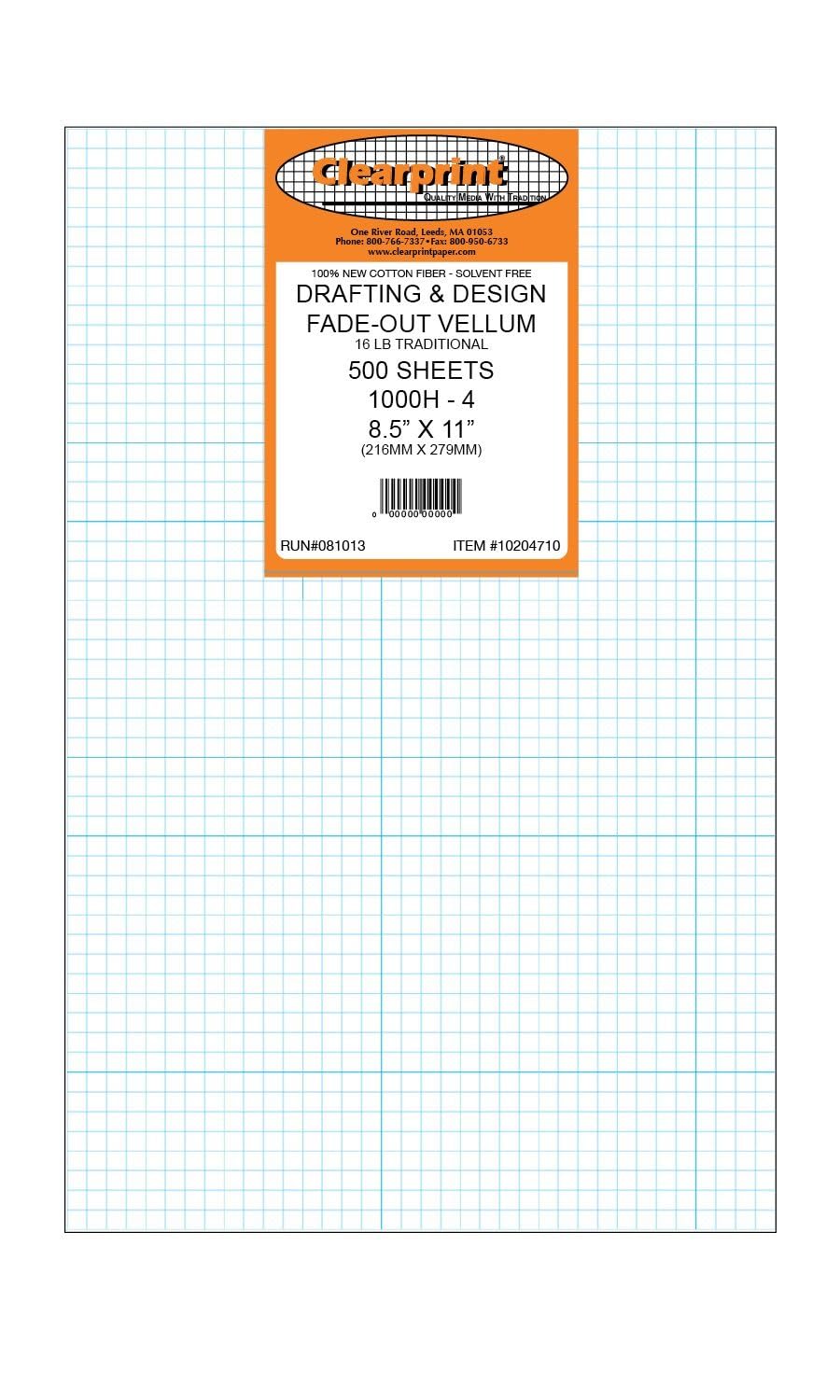 Clearprint 8-1/2" x 11" 1000H Design Vellum Sheets with Printed Fade-Out 4x4 Grid, 16 lb., 100% Cotton, 500 Sheets Per Pack, 1 Each