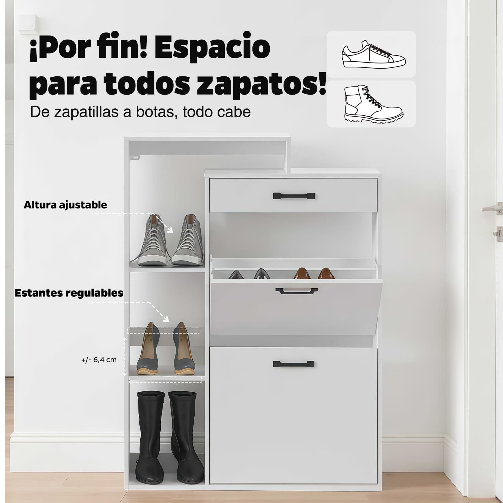Zapatero Blanco Estrecho，80×24,5×109 cm Mueble Zapatero para recibidor o Pasillo, 3 estantes Regulables,1 cajón, 2 Puertas, Montaje fácil