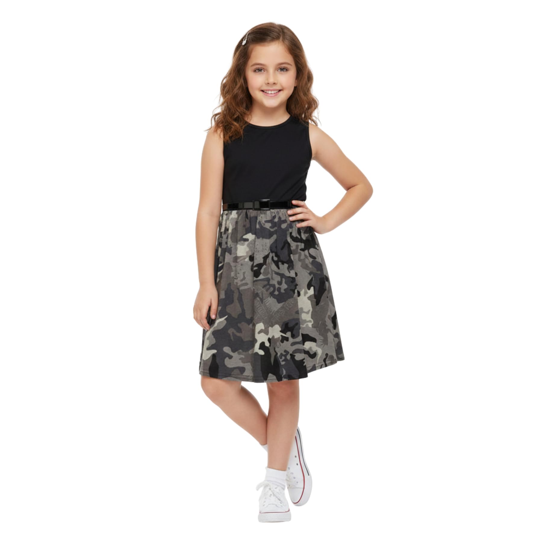 A2z 4 Kids Girls Charcoal Skater Dress Floral Belted Summer Party Dance - Skater Dress Camo Panel 13