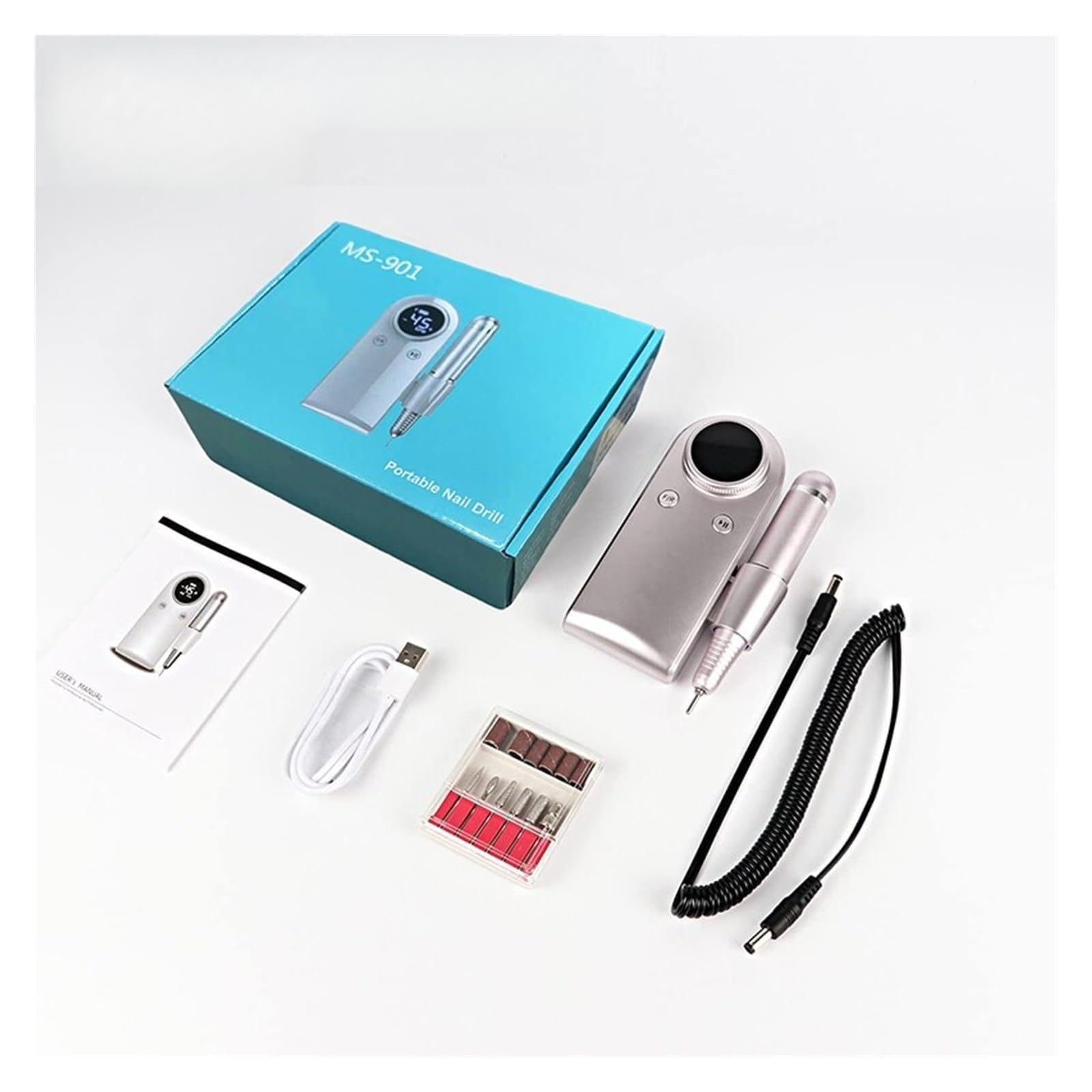 Torno para Uñas, Máquina de manicura de taladro de uñas recargable de 45000RPM, taladro de uñas profesional con pantalla LCD, juego de taladro inalámbrico portátil Nail Art(Silver Set)