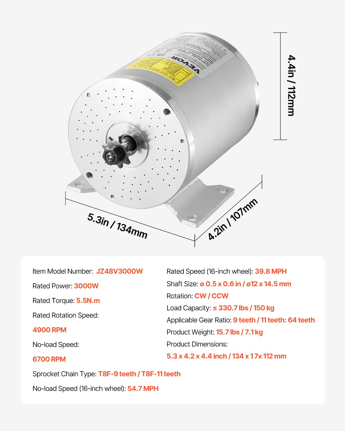 VEVOR Kit de Motor Eléctrico sin Escobillas de CC 3000 W, 72 V y 4900 RPM con Controlador de Velocidad Mejorado y Kit de Empuñadura del Acelerador para Bicicletas Eléctricas, Motocicletas y Scooters