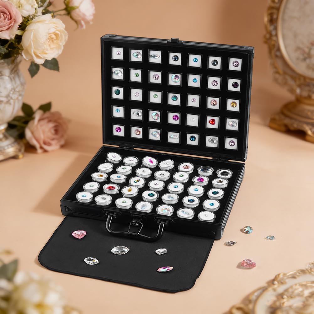 PH PandaHall - Caja de almacenamiento para piedras preciosas con 35 estuches redondos y 35 estuches cuadrados, porta joyas, contenedores de diamantes, caja de almacenamiento de gemas con asa para
