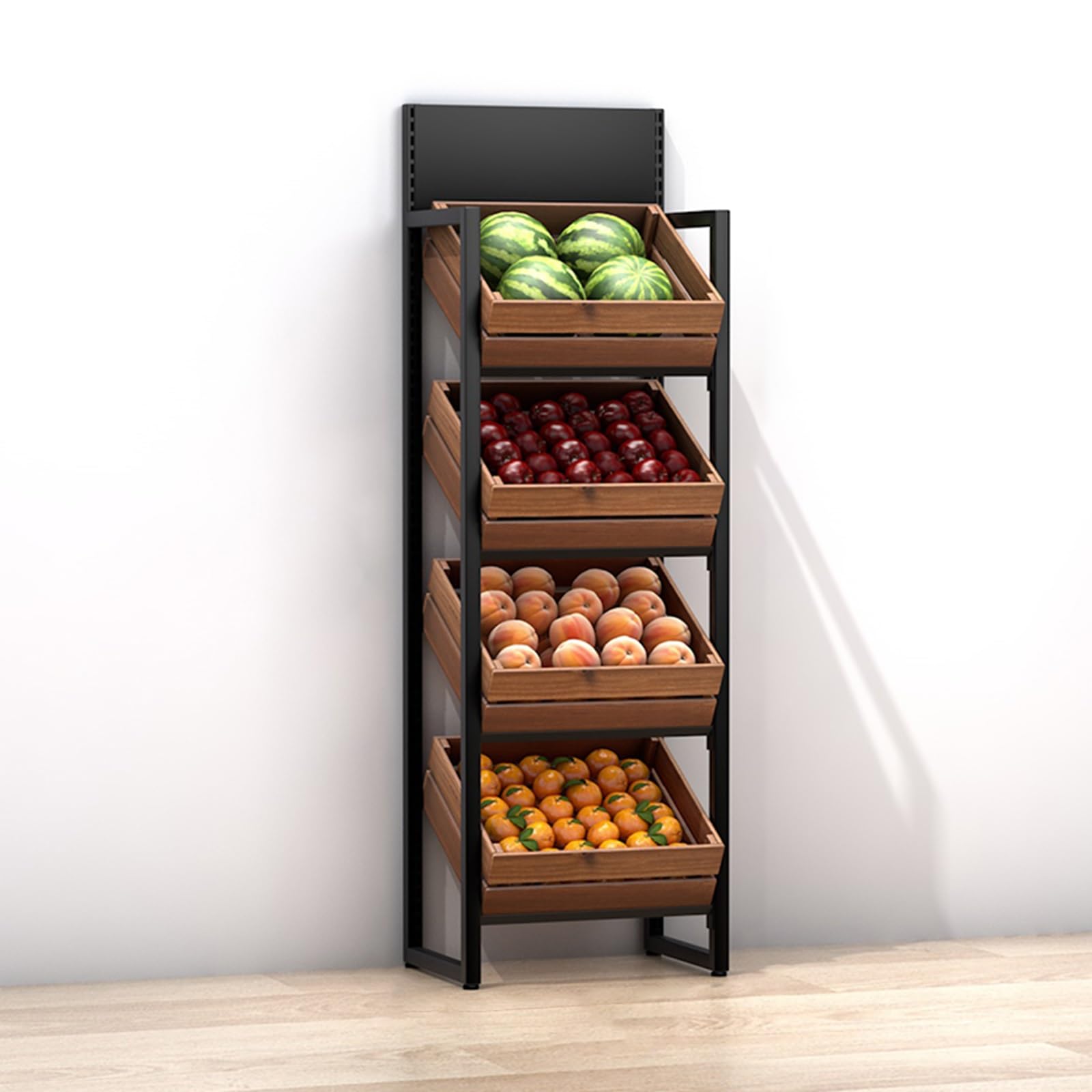 ZJKXJH 4 Tier Wood Fruit and Vegetable Basket Stand Rack, Commercial Produce Potatoes and Onions Floor Storage, Detachable Supermarket Retail Display Holder/Wine Shelf(Black Rack+Brown Basket)
