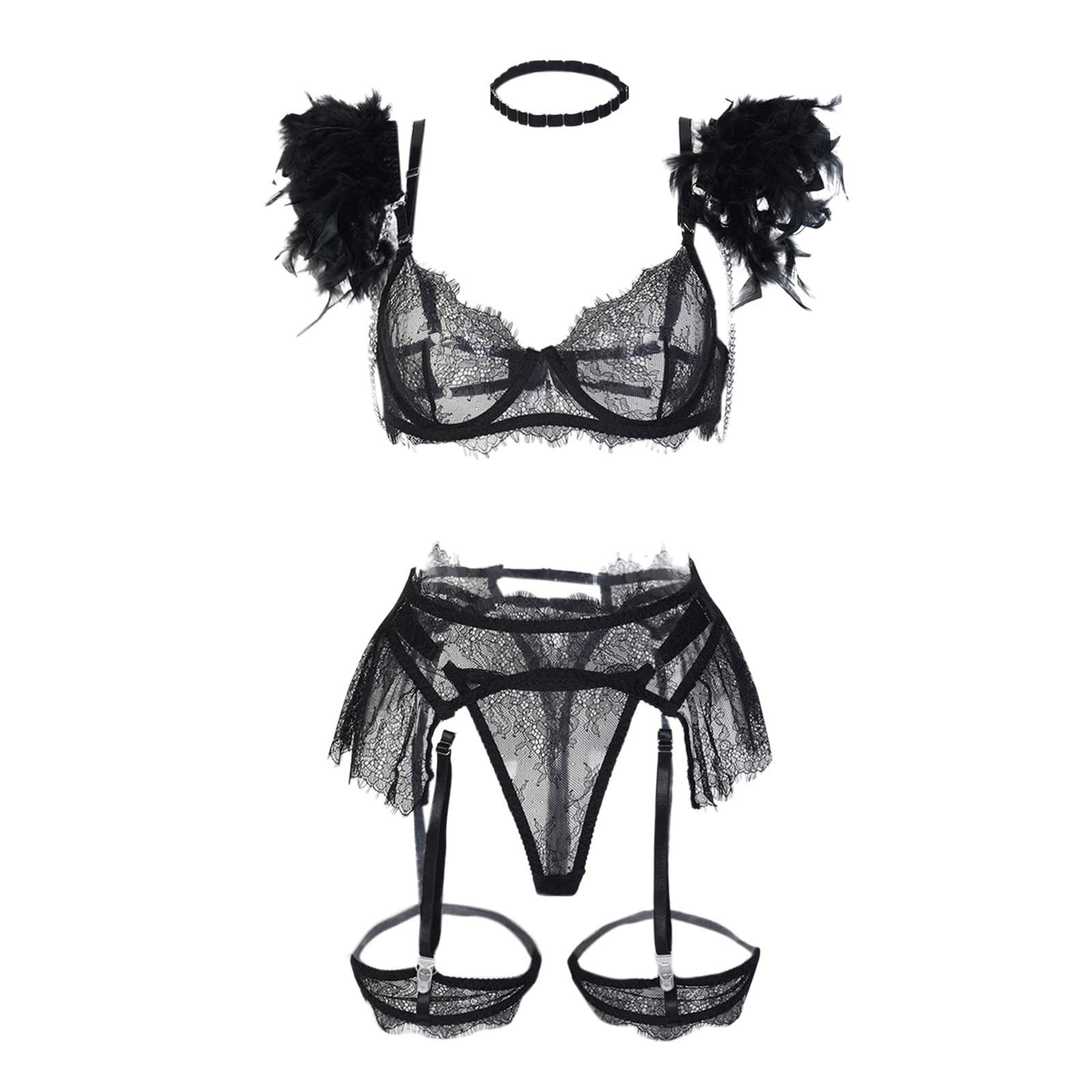 Generico Body Sexydonna Erotico Lingerie Donna Sexy Doll Biancheria intima sexy da 6 pezzi con catena in metallo con pizzo staccabile in piume tinta unita Sexy Lingerie Hot Erotico Lingerie