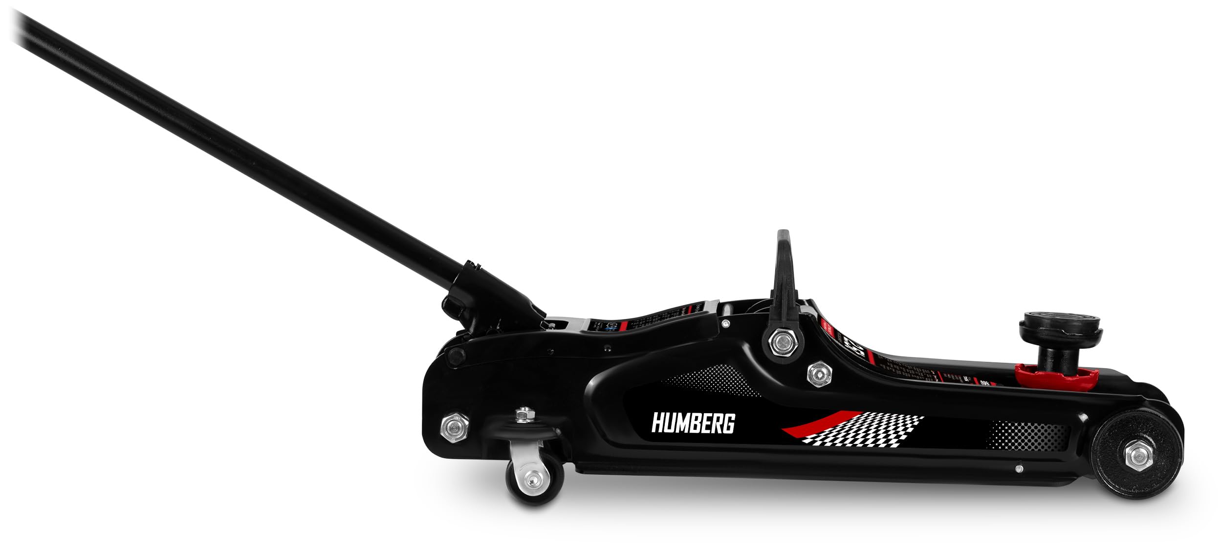 Humberg Cric idraulico per auto, a basso profilo, 2,5T, 80-360 mm, 2 cuscinetti in gomma, colore nero, rosso