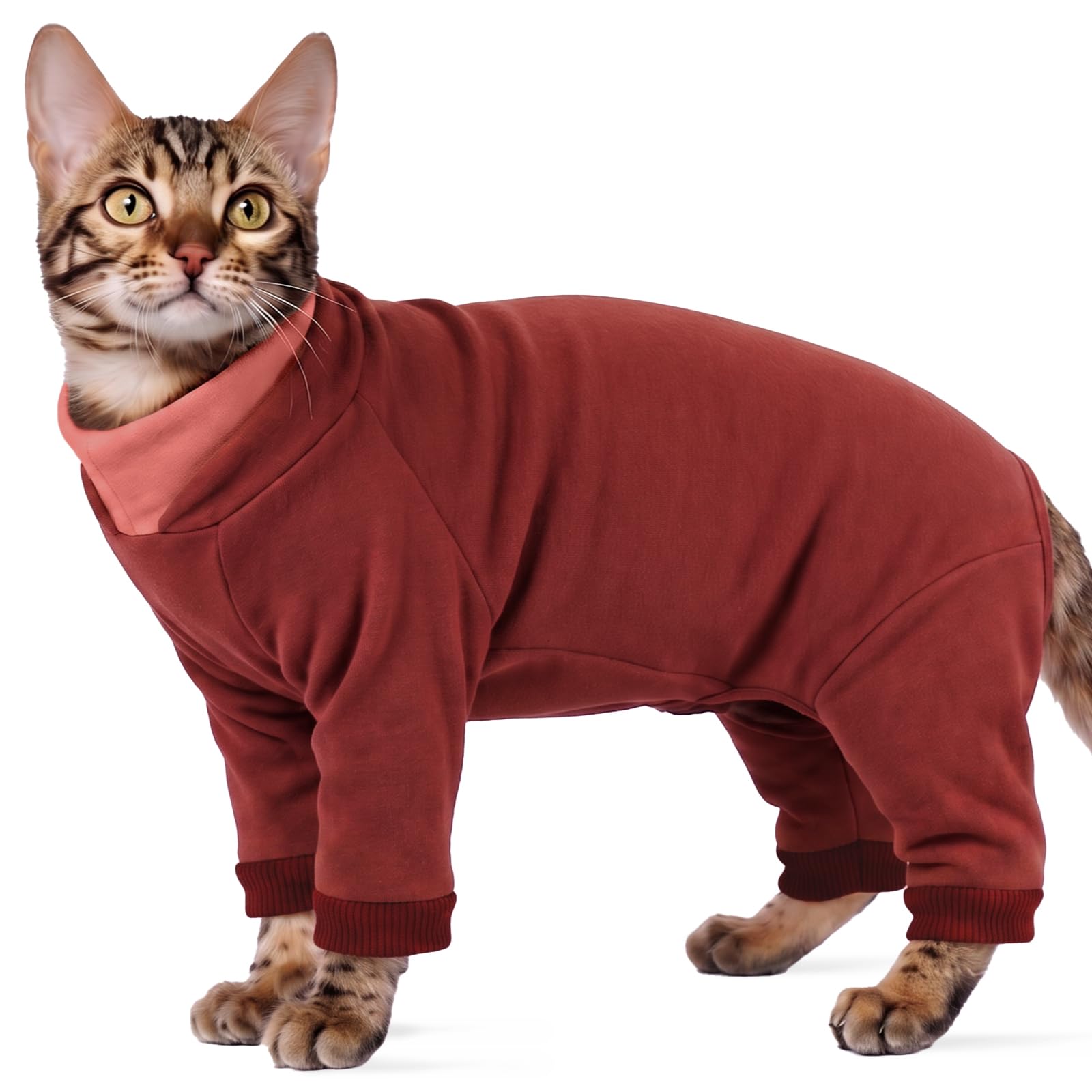 Cat Onesie for Anxiety & Travel | Anti-Shedding Sticky Hair Suit to Keep Furniture Clean | Full Body Cat Overgrooming Suit with Legs | Open-Belly for Stress-Free Toilet Use (Rust Red XS) โ image 1