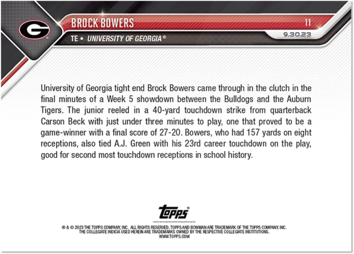 2023 Bowman U Now Brock Bowers #11 -Catches Game-Winning TD on Historic Day - 9/30/23 - Football NCAA Trading Card- UGA University of Georgia Bulldogs. Topps stated Print Run of Only 2301 Made! MS Sports Card Shipped in Protective Screwdown Holder.