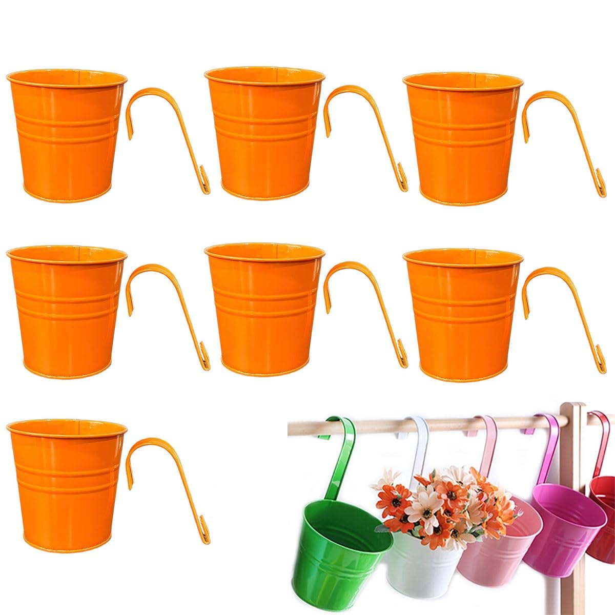 IRCKONCI 7 PCS Vintage Hanging Flower Pots Metal Iron Bucket Planter Plant Pots With Detachable Hook And Drainage Hole, for Fence Balcony Garden Wall Home Decor Outdoor Patio(Orange)