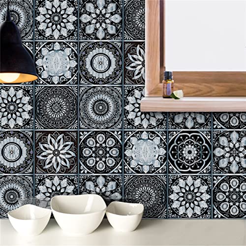Credence Adhesive pour Cuisine Mandala Noir Argenté Stickers Muraux PVC Stickers Cuisine Stickers Muraux Cuisine Étanche Deco Cuisine Carrelage Adhesif Mural Salle de Bain Muraux Escalier 10x10x10pcs Cover