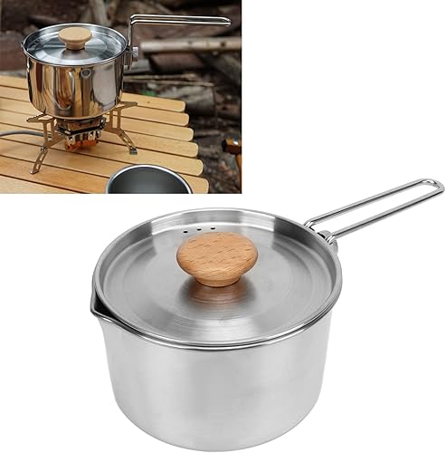 Miniatura 9 de Topyond Olla de utensilios de cocina portátil de acero inoxidable de 1 L, mango plegable, equipo de picnic para mochileros, cocina bushcraft