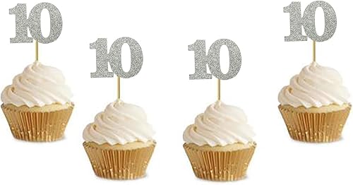 Decoración para magdalenas de 10 cumpleaños con purpurina plateada, fiesta de aniversario, paquete de 24 adornos para cupcakes con número "10" Decoración para magdalenas de 10 cumpleaños con purpurina plateada, fiesta de aniversario, paquete de 24 adornos para cupcakes con número "10"