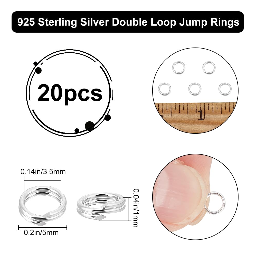 Beebeecraft 1 Box 20Pcs Double Loop Jump Rings 925 Sterling Silver Split Rings 5x1mm Open Loop Rings for Necklaces Keychain DIY Jewelry Craft Making