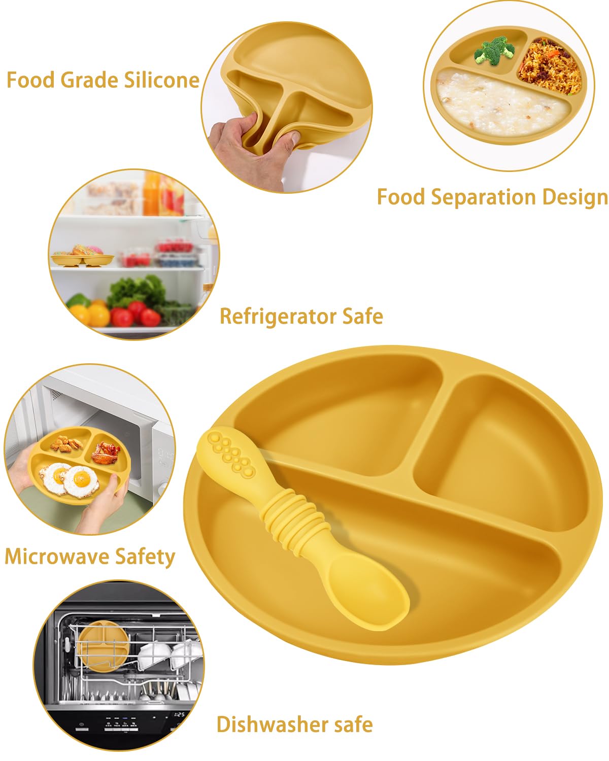 SOBEAU Set 7 Pièces Assiettes Ventouse Bébé - 3 Assiettes Silicone Avec Compartiments + 4 Couverts, Anti-Dérapant Sans BPA