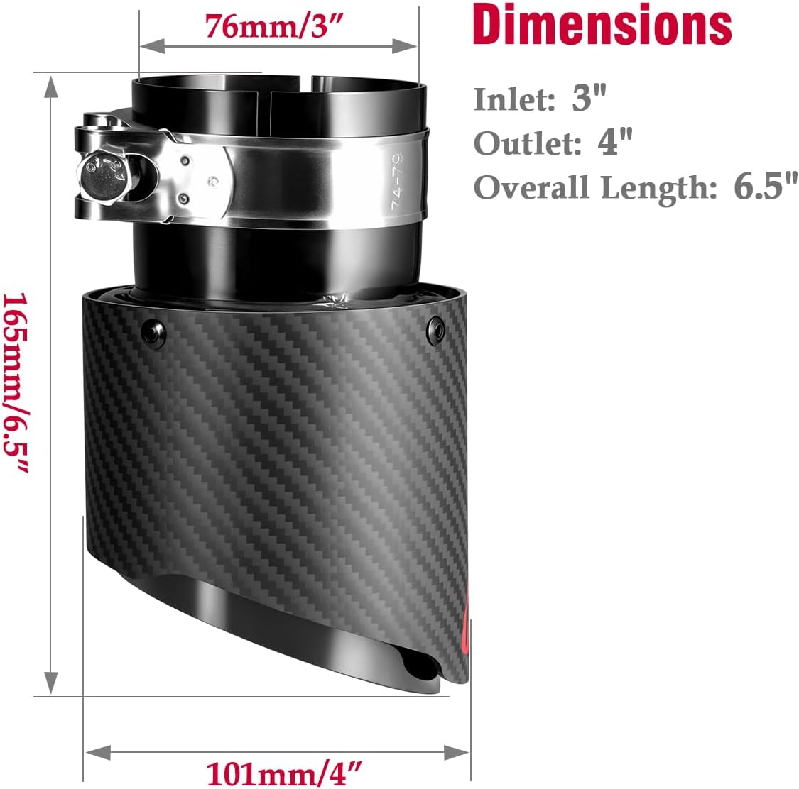 Upower Carbon Fiber Exhaust Tip Tailpipe 3" Inlet 4" outlet 6.5" Length Stainless Steel Exhaust Muffler Tip for Car Truck